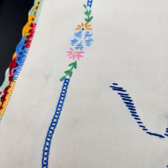 Vintage Hand-Embroidered Linen table runner floral basket design with picot edge - Picture 4 of 9